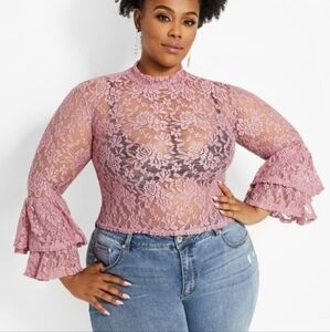 Lace Mock Neck Bell Sleeve Top
